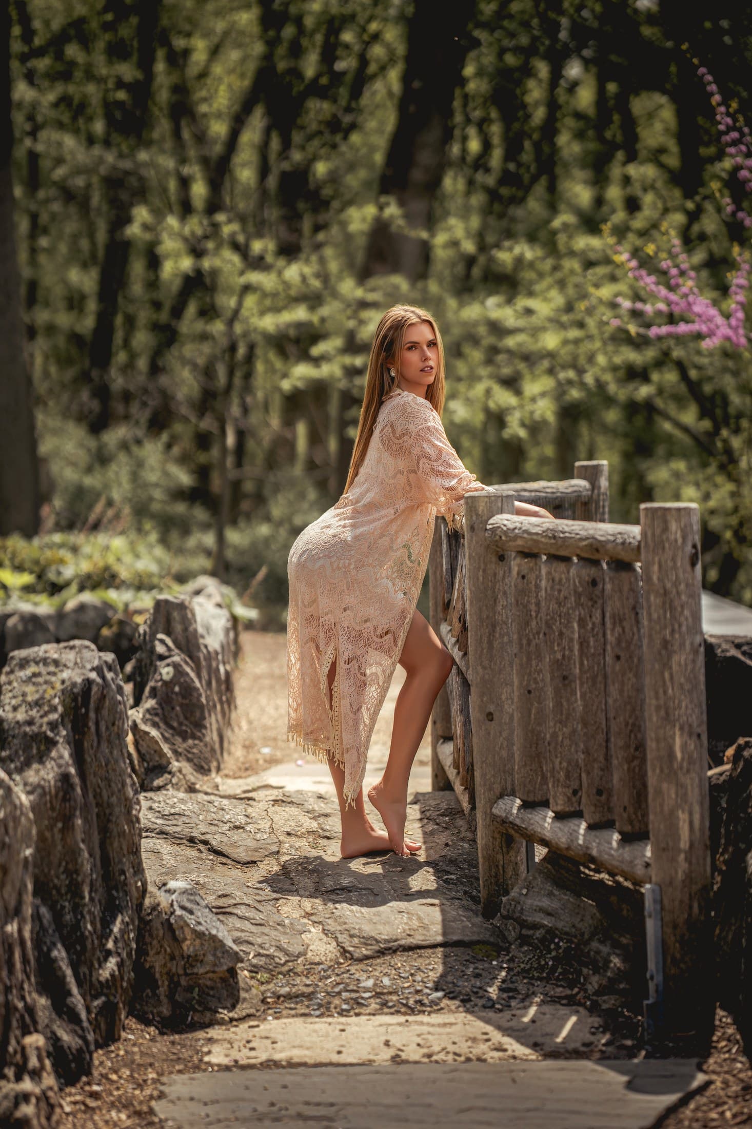 Molly Hagman in peach lace robe on a stone path — Spring shoot by Alexis Pesante 2025